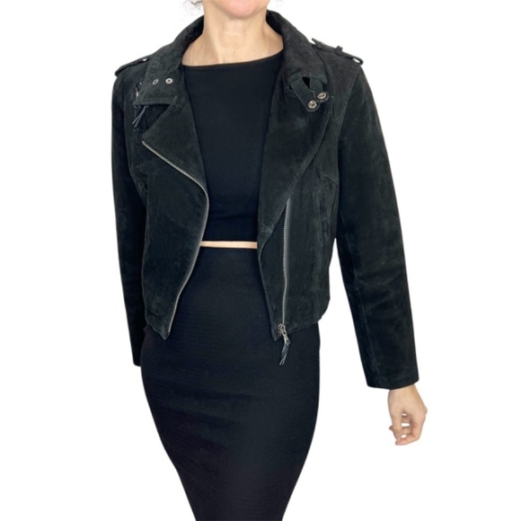 Vero Moda Jeans black suede leather cropped asymmetrical zipper moto jacket L - Picture 3 of 14